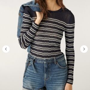 BA&SH Zaig Jumper Marine Blue Metallic Stripe Knit Long Sleeve Sheer Fitted Top